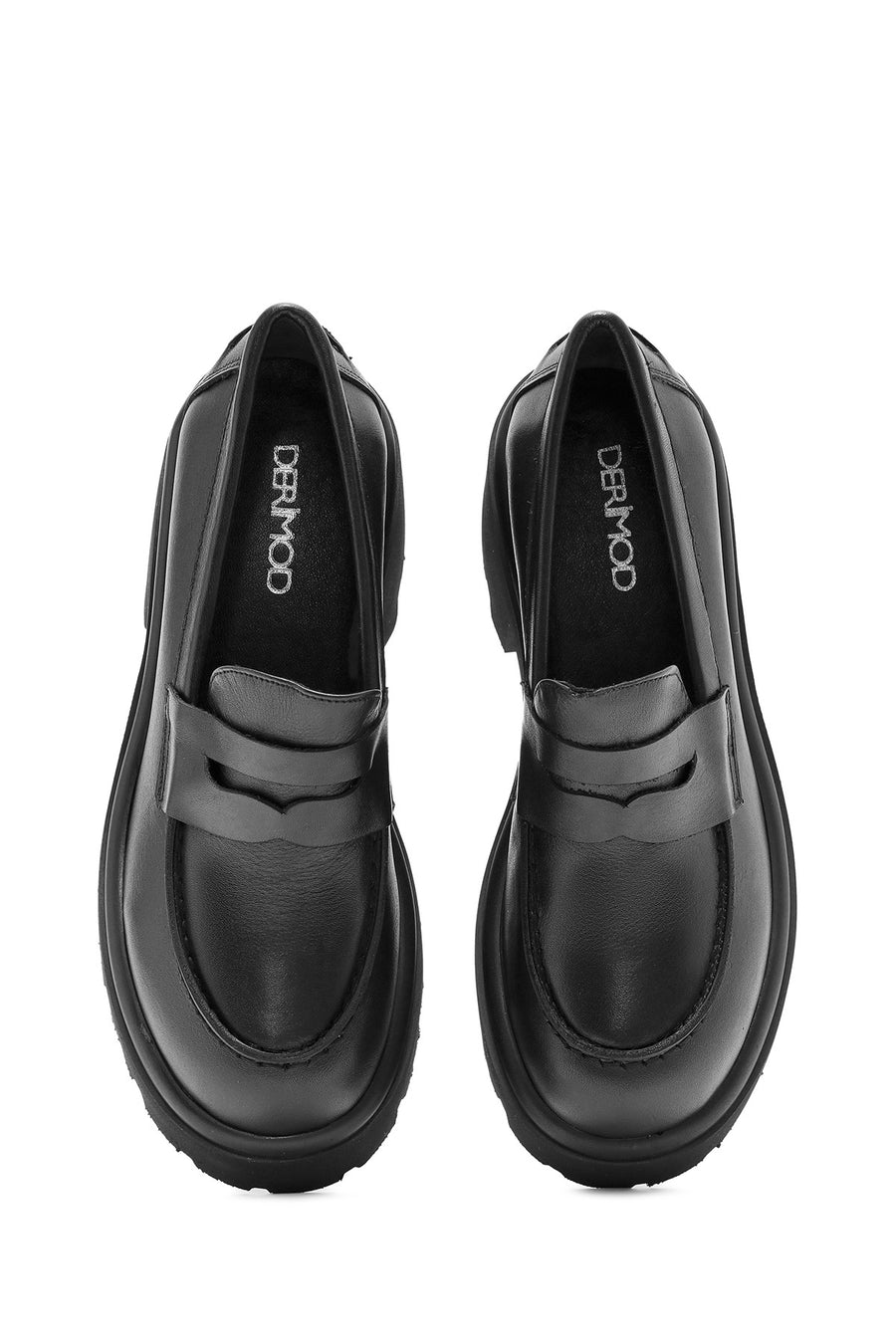 Kadın Siyah Kalın Topuklu Deri Maskülen Loafer