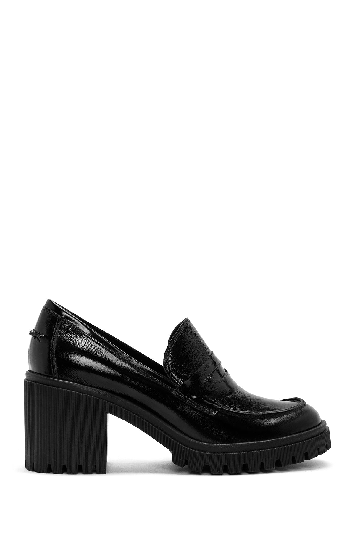 Women's Black High Thick Heel Patent Leather Masculine Loafer 24WFD201116 | Derimod