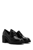 Women's Black High Thick Heel Patent Leather Masculine Loafer | Derimod
