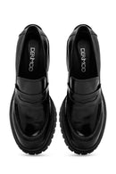 Women's Black High Thick Heel Patent Leather Masculine Loafer | Derimod
