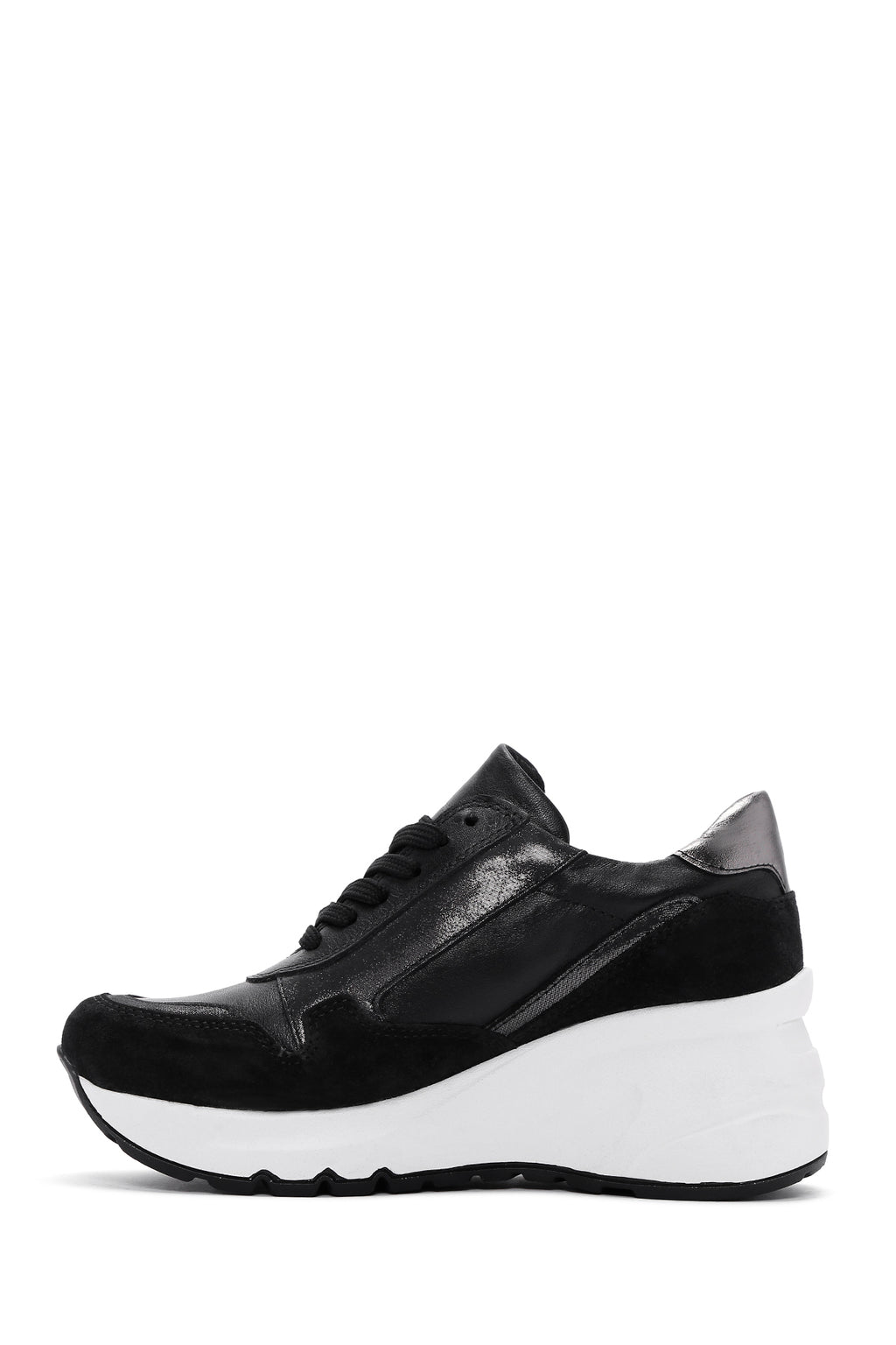 Kadın Siyah Bağcıklı Fermuar Detaylı Dolgu Topuklu Deri Sneaker