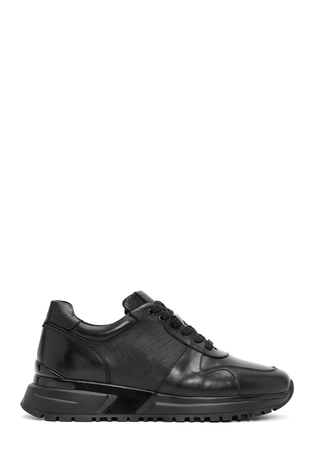 Erkek Siyah Bağcıklı Kalın Tabanlı Deri Sneaker