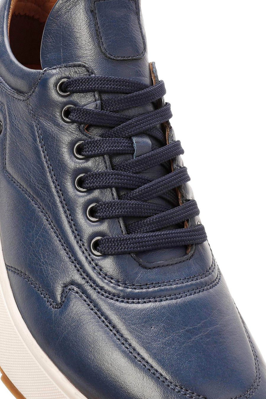 Erkek Lacivert Bağcıklı Kalın Tabanlı Deri Sneaker