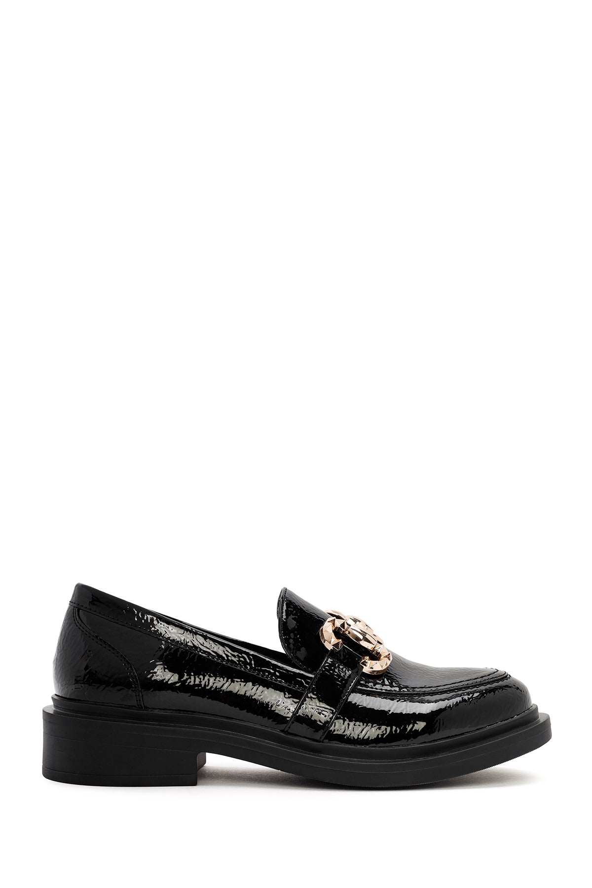 Women's Black Buckle Detailed Patent Leather Masculine Loafer 24WFE401316 | Derimod