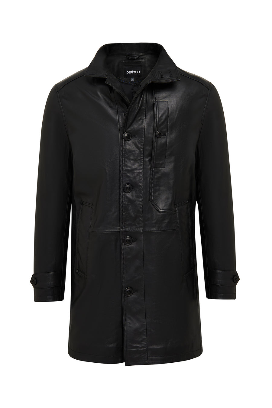Ederson Men's Black Stand Collar Buttoned Leather Coat