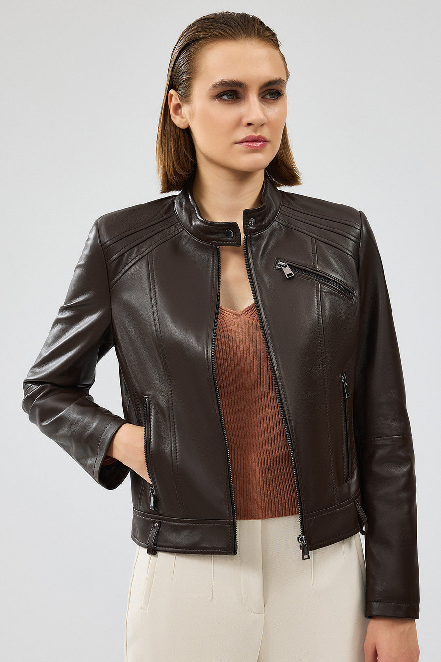 Heidi Women's Brown Short Leather Jacket 24WGE52401M | Derimod