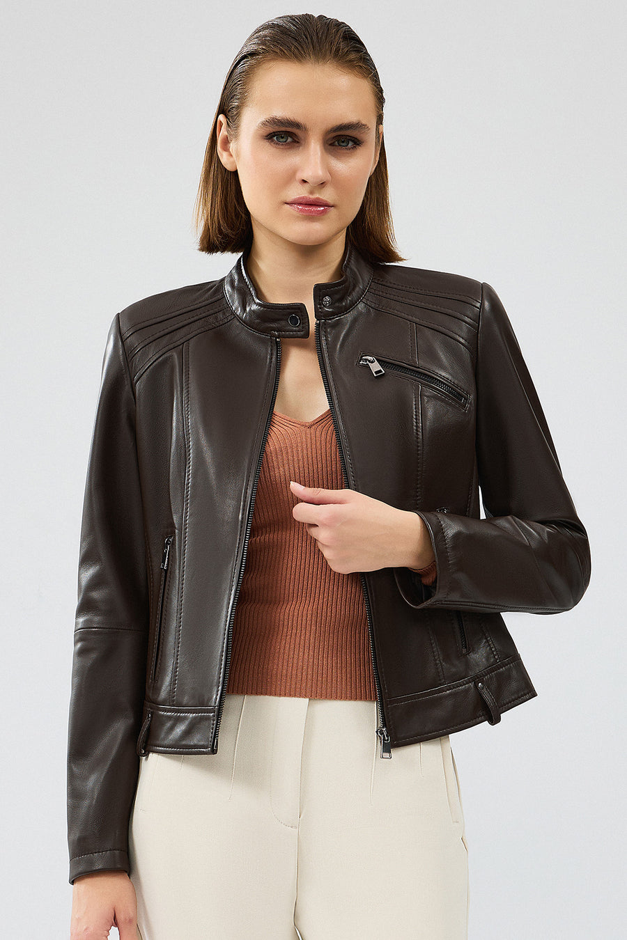 Heidi Women's Brown Short Leather Jacket