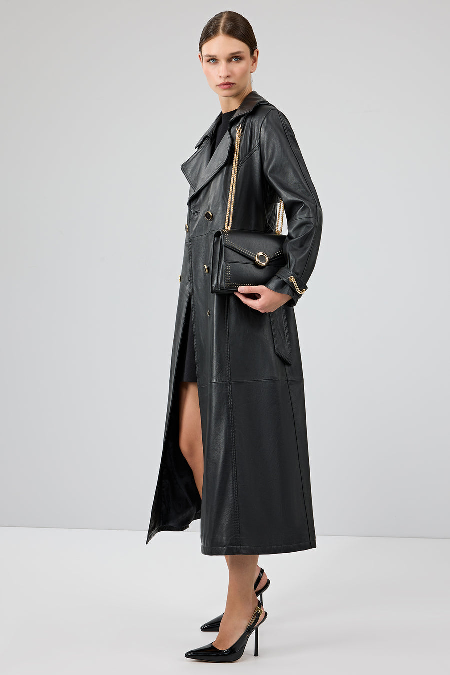 Jenny -X Women's Black Belt Detailed Leather Trench Coat
