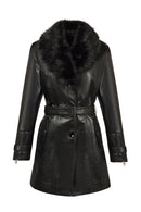 Rhoda(Plus) Kadın Siyah Yaka Kürklü Geniş Kalıp Deri Kaban | Derimod