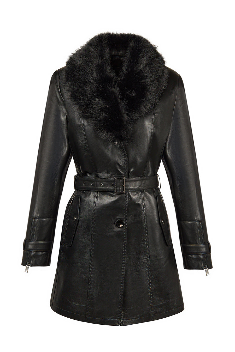 Rhoda(Plus) Woman Black Fur-Collared Loose-Fit Leather Coat 24WGE52931M | Derimod