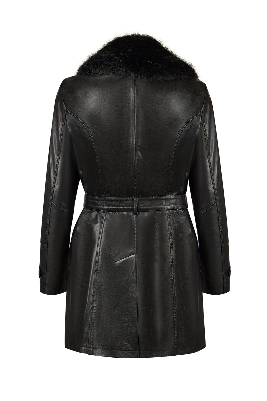 Rhoda(Plus) Woman Black Fur-Collared Loose-Fit Leather Coat