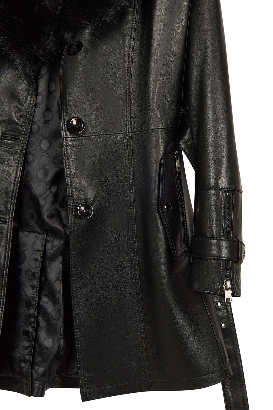 Rhoda(Plus) Woman Black Fur-Collared Loose-Fit Leather Coat
