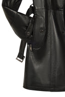 Rhoda(Plus) Kadın Siyah Yaka Kürklü Geniş Kalıp Deri Kaban | Derimod