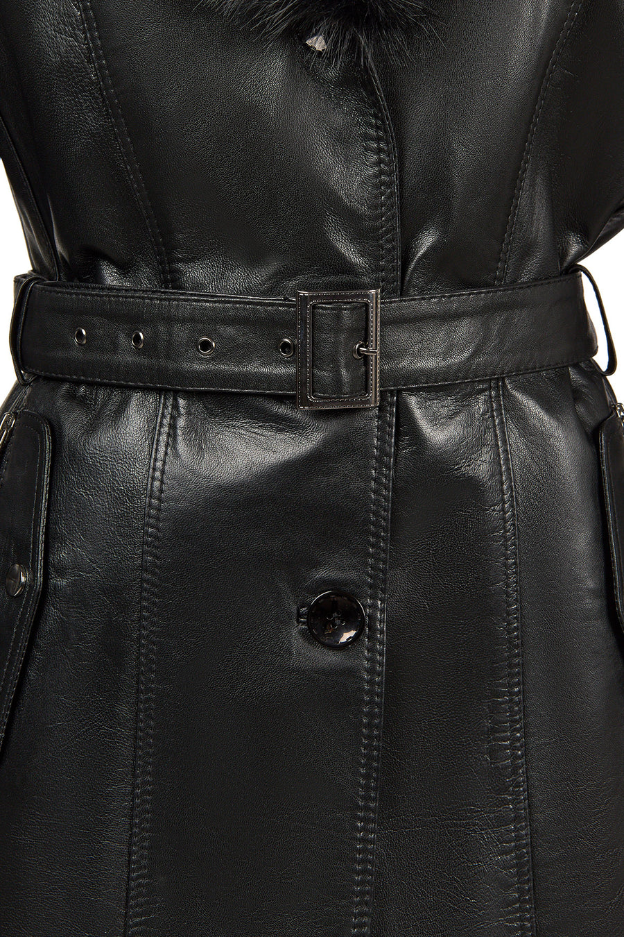 Rhoda(Plus) Woman Black Fur-Collared Loose-Fit Leather Coat
