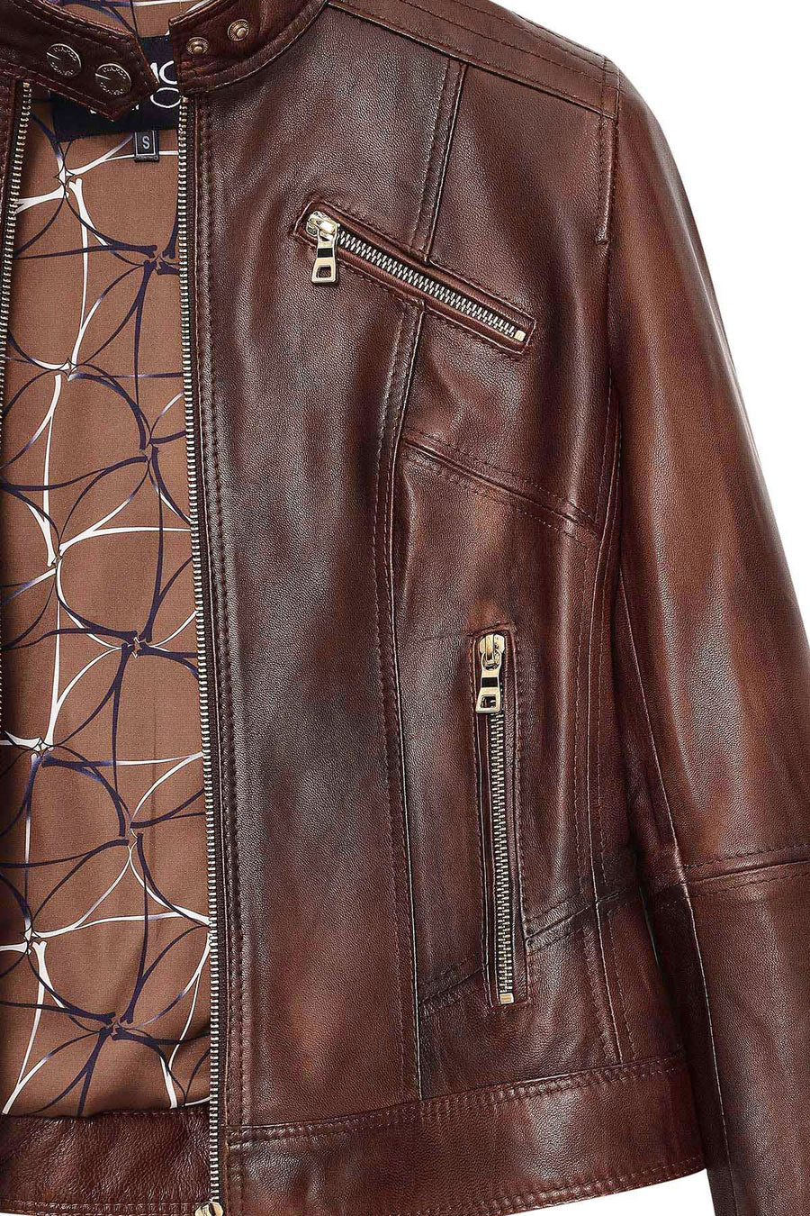 Kylie Women's Brown Mandarin Collar Leather Jacket