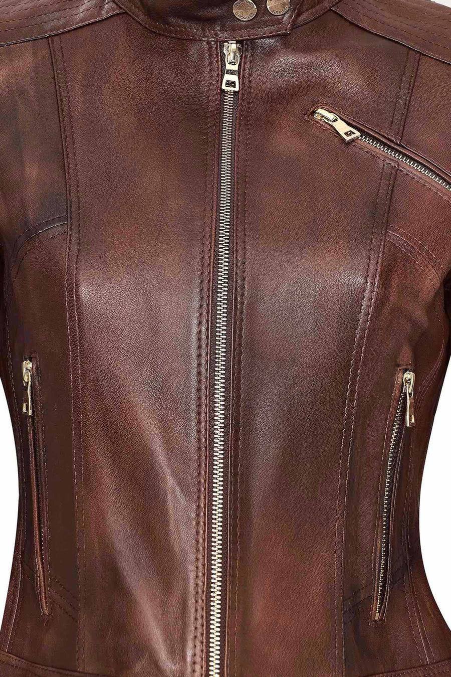 Kylie Women's Brown Mandarin Collar Leather Jacket
