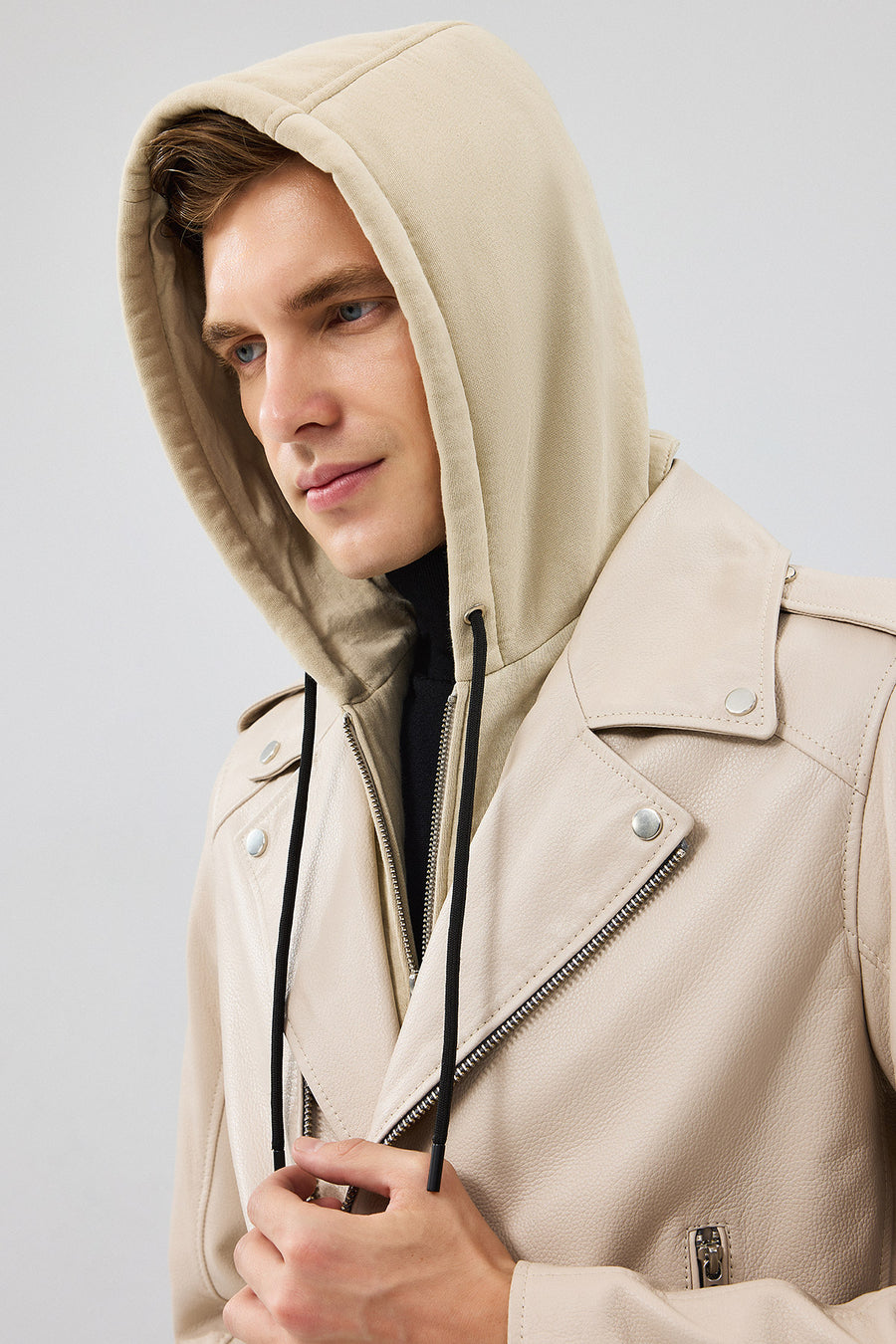 Butler Men's Beige Hooded Biker Leather Jacket