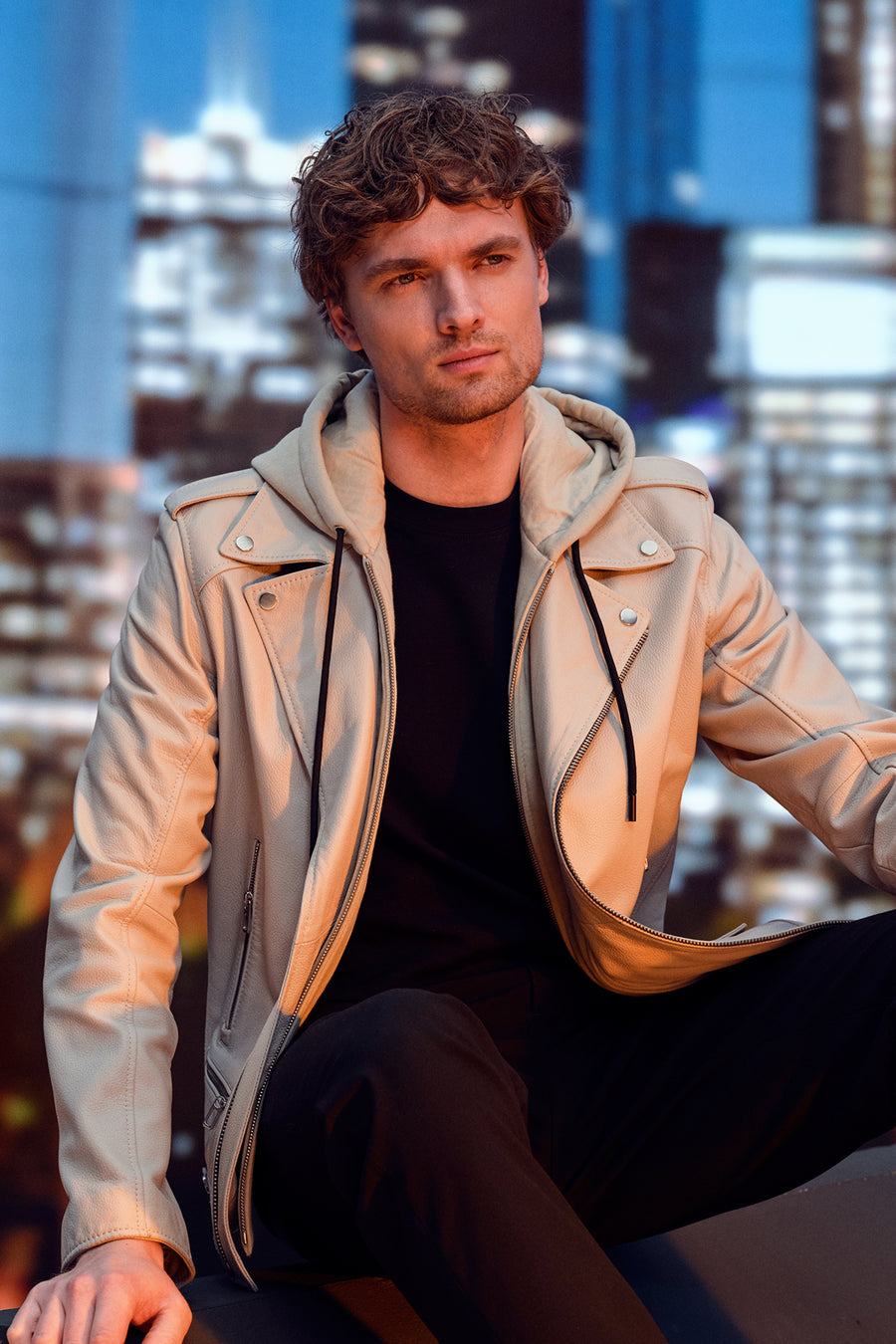 Butler Men's Beige Hooded Biker Leather Jacket