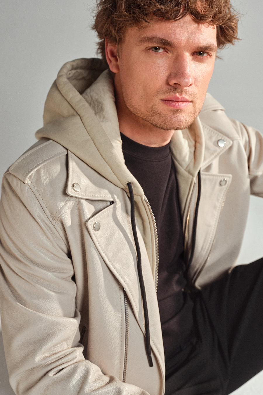 Butler Men's Beige Hooded Biker Leather Jacket