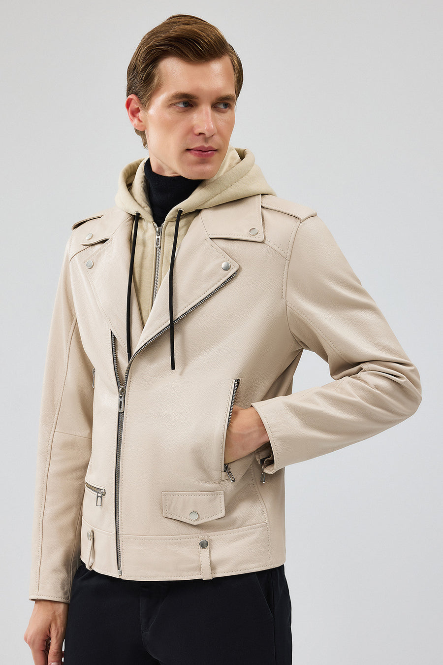 Butler Men's Beige Hooded Biker Leather Jacket