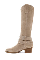 Women's Beige Thick Heel Buckle Detailed Suede Leather Cowboy Boots | Derimod