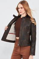 Glam Women's Brown Vintage Leather Jacket | Derimod