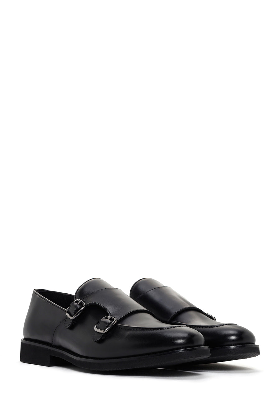 Men's Black Double Buckle Leather Casual Loafer