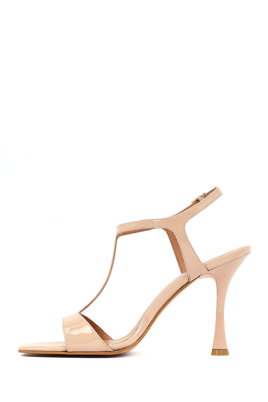 Women's Beige Ankle Buckle High Heel Patent Leather Sandals