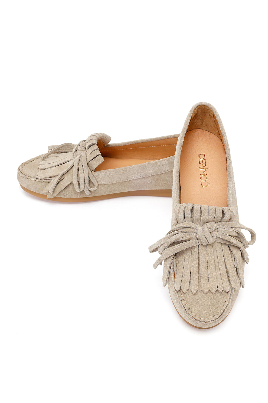 Woman Beige Tasselled Suede Leather Loafers