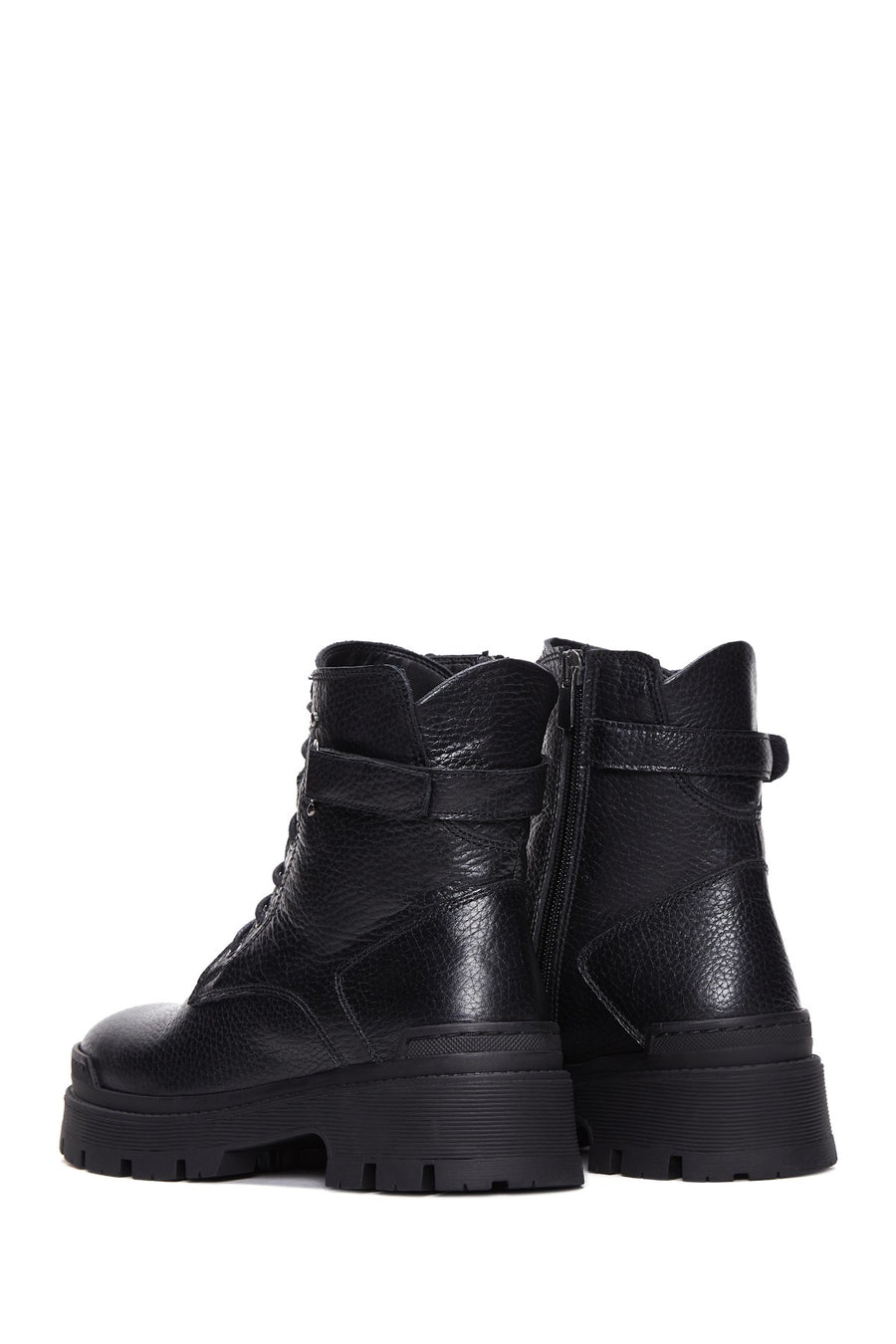 Women's Black Lace-Up Zippered Leather Combat Boots