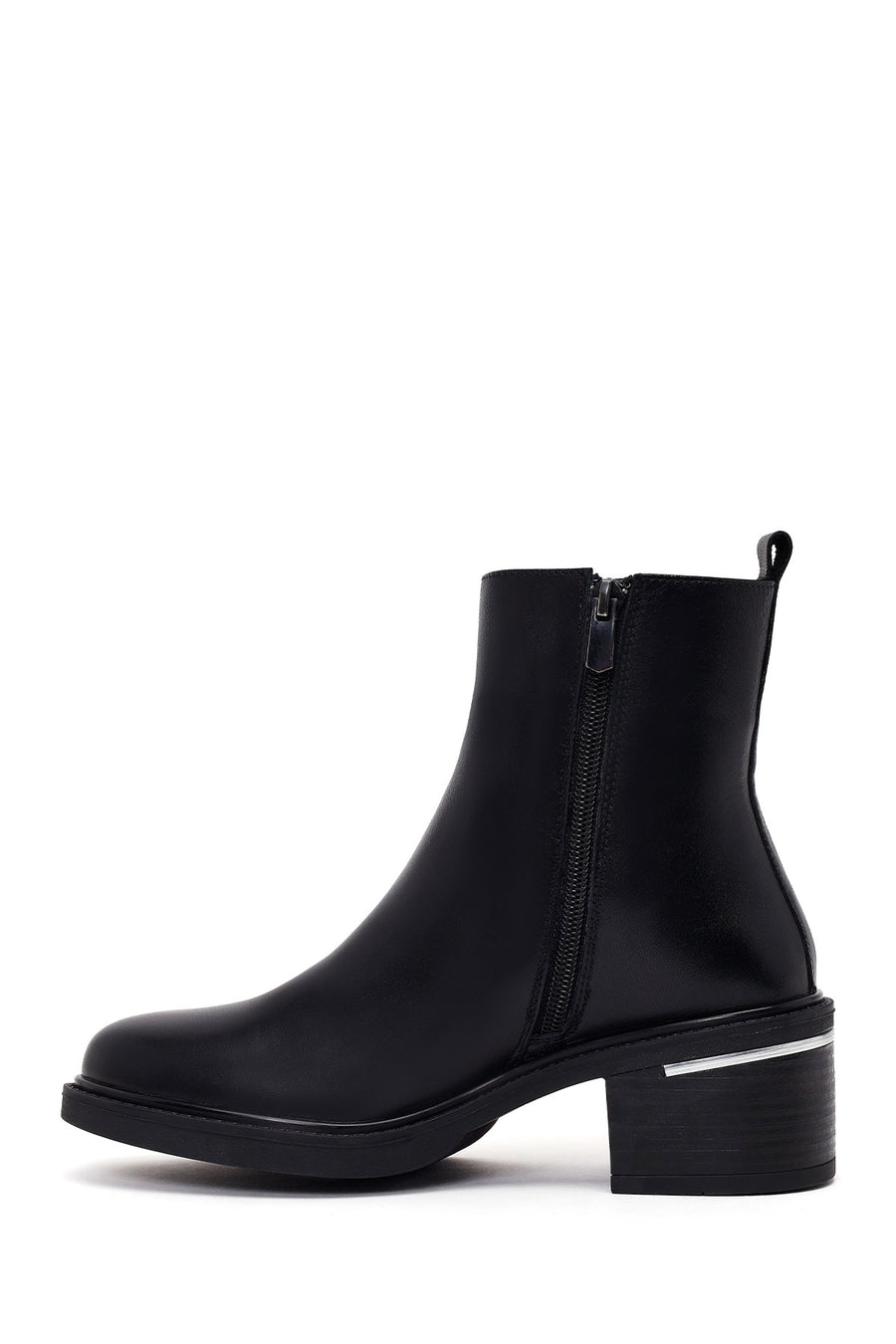 Woman Black Zip Closure Thick-Heeled Leather Boots