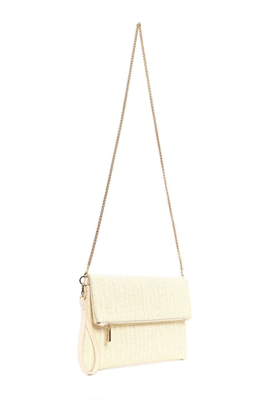 Woman Cream Chain Long-Strap Straw Clutch Bag