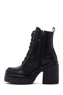 Women's Black Leather Zippered Platform Heeled Boots | Derimod