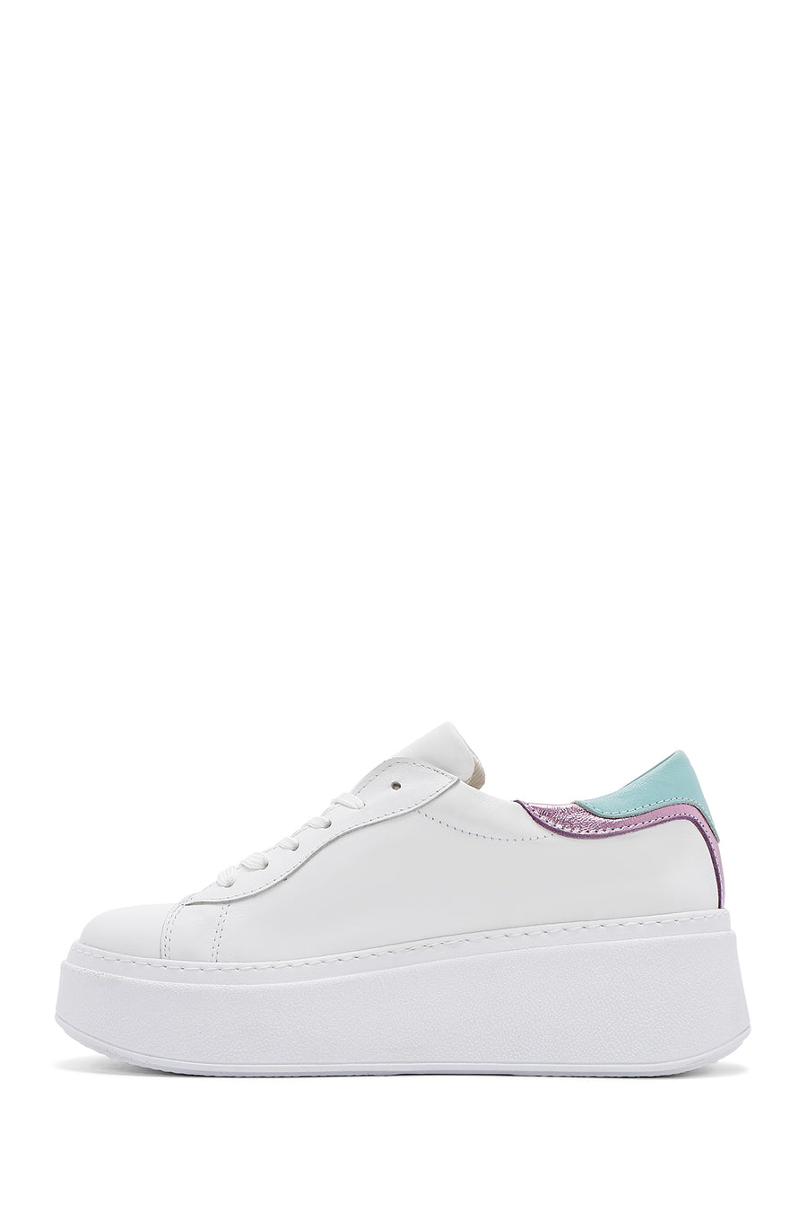 Women's White Lace-up Thick-Sole Leather Sneaker