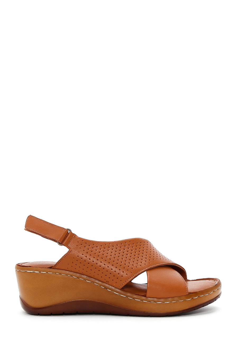 Women's Tan Wedge Heeled Leather Comfort Sandals with Ankle Strap 24SFD341018 | Derimod
