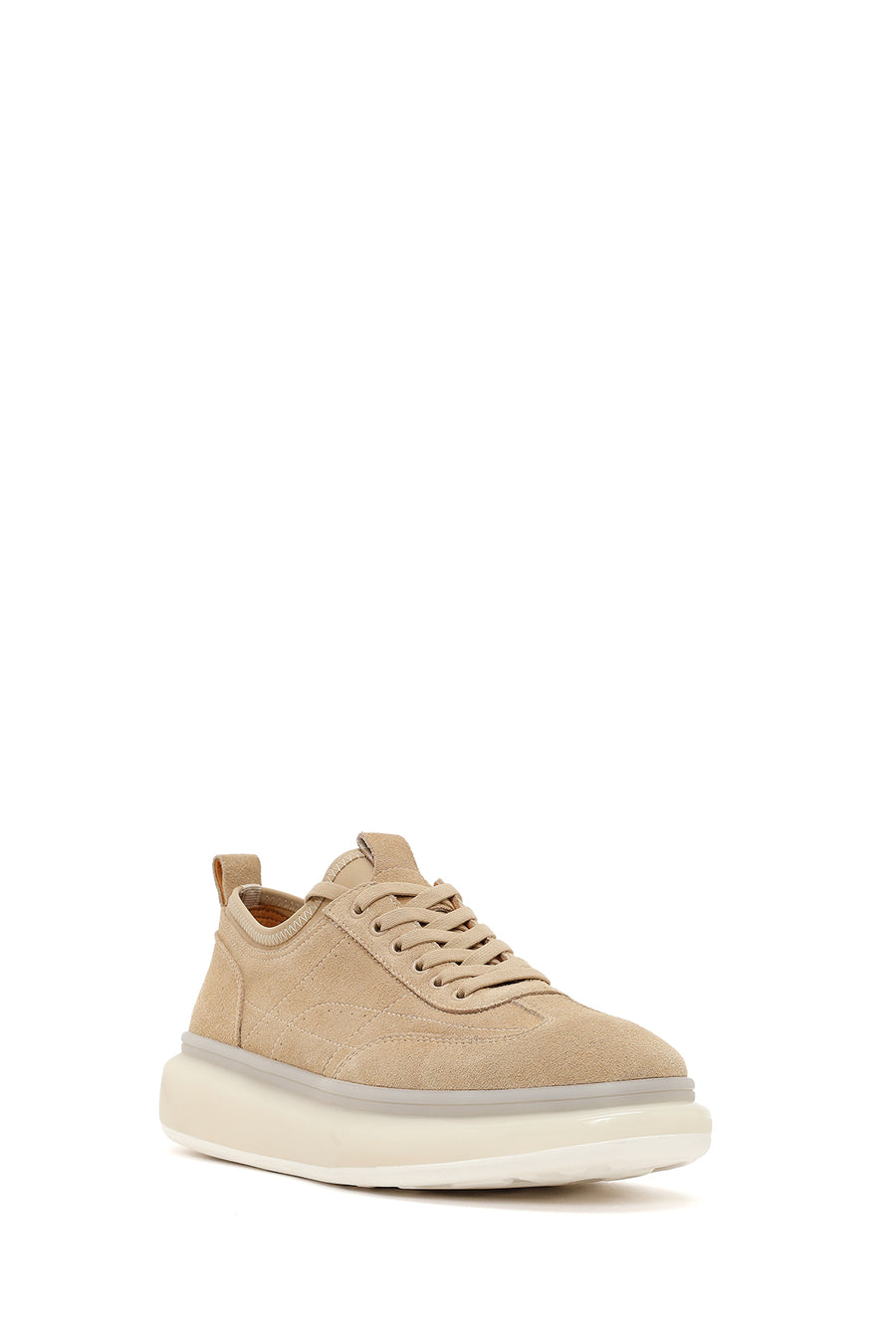 Men's Beige Lace-Up Thick-Sole Suede Leather Sneakers