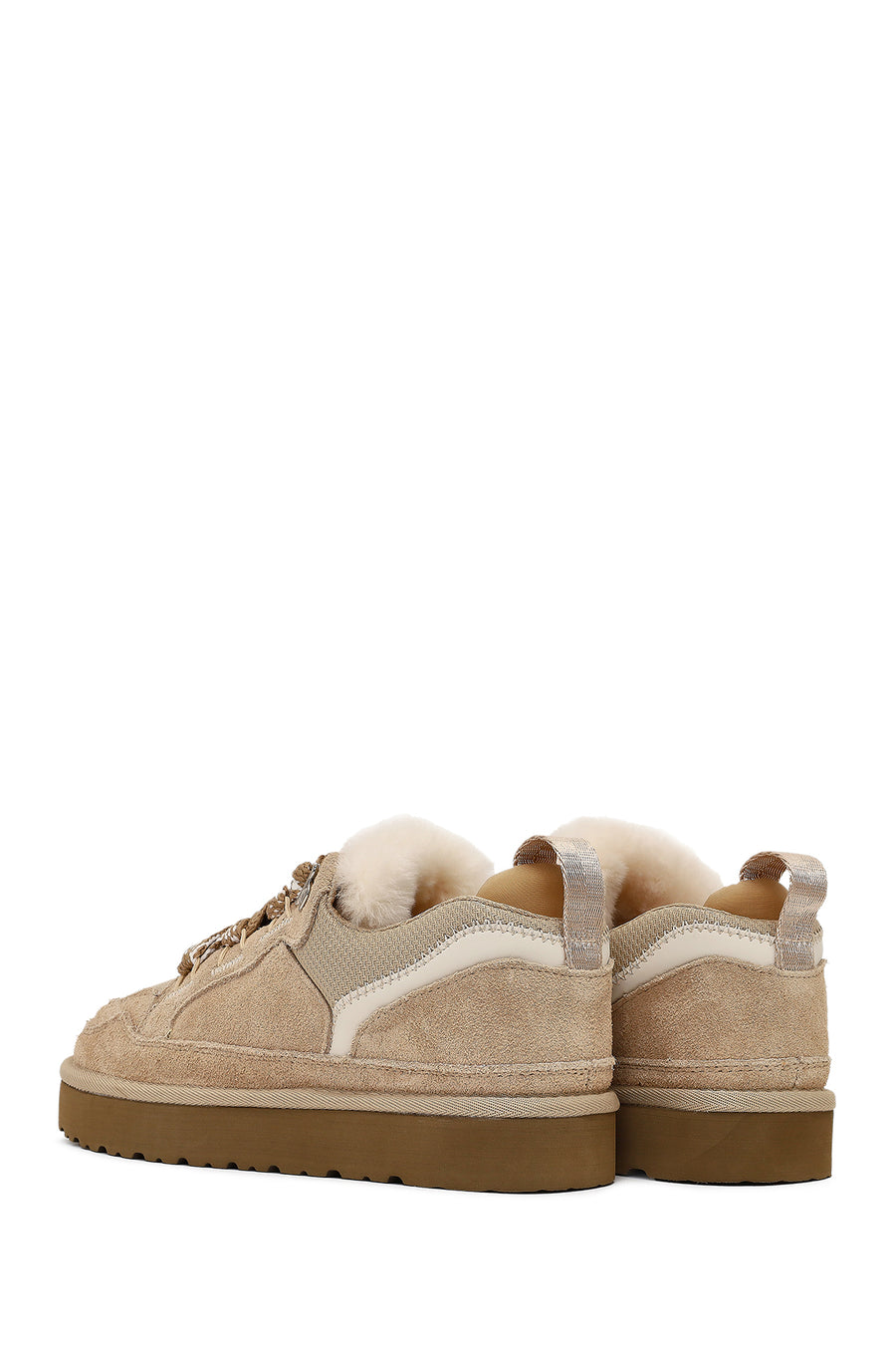 Woman Beige Lace-Up Thick-Soled Furry Suede Teddy Sneaker