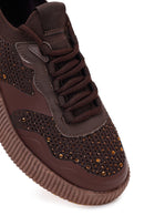 Derimod Zero Women's Brown Lace-up Thick Sole Rhinestone Fabric Sneaker | Derimod