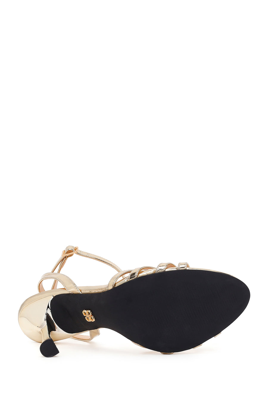 Woman Gold Ankle-Strap Buckled High Thin-Heel Metallic Sandal