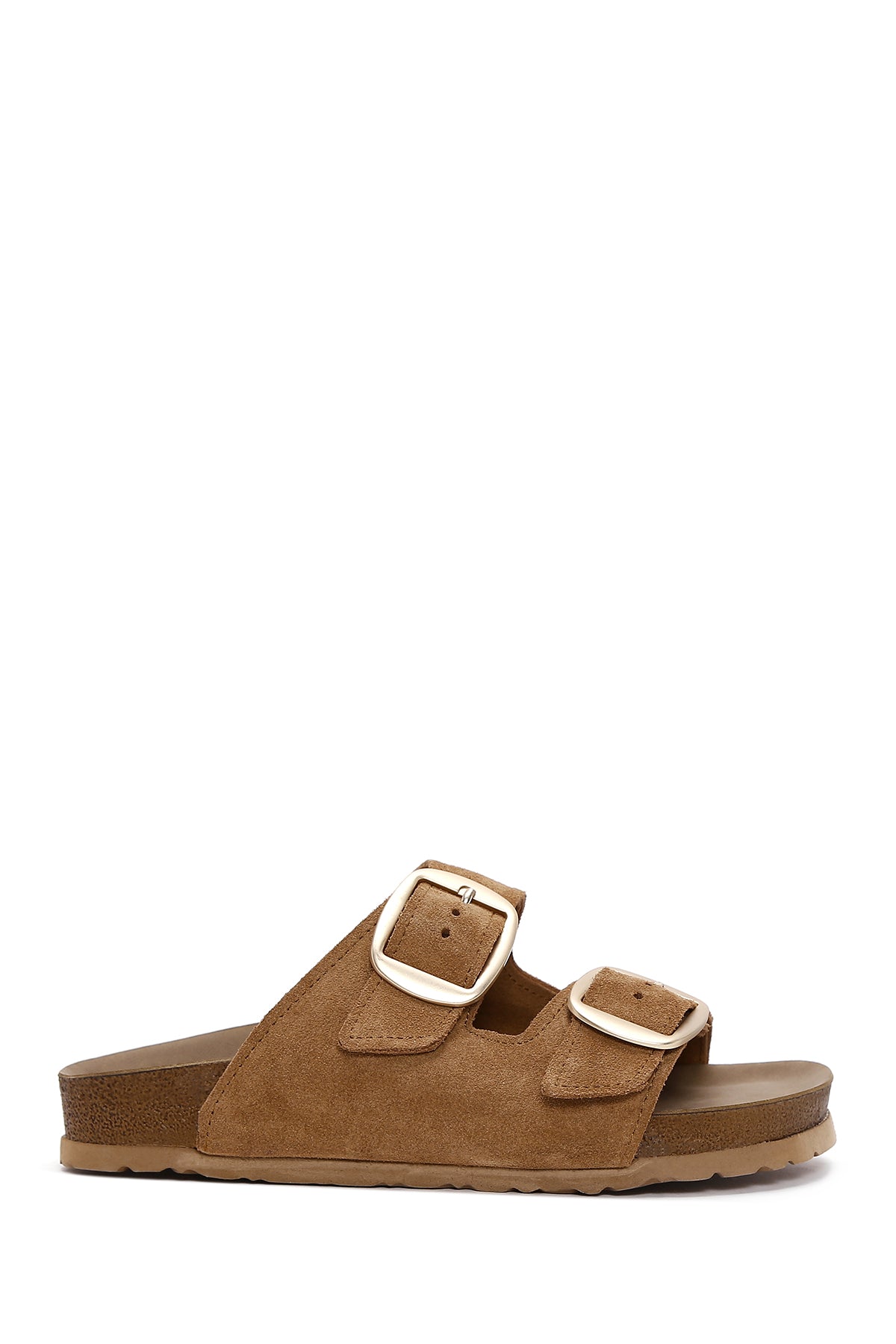 Women's Tan Suede Leather Double Buckle Flat Slippers 23SFD150910 | Derimod