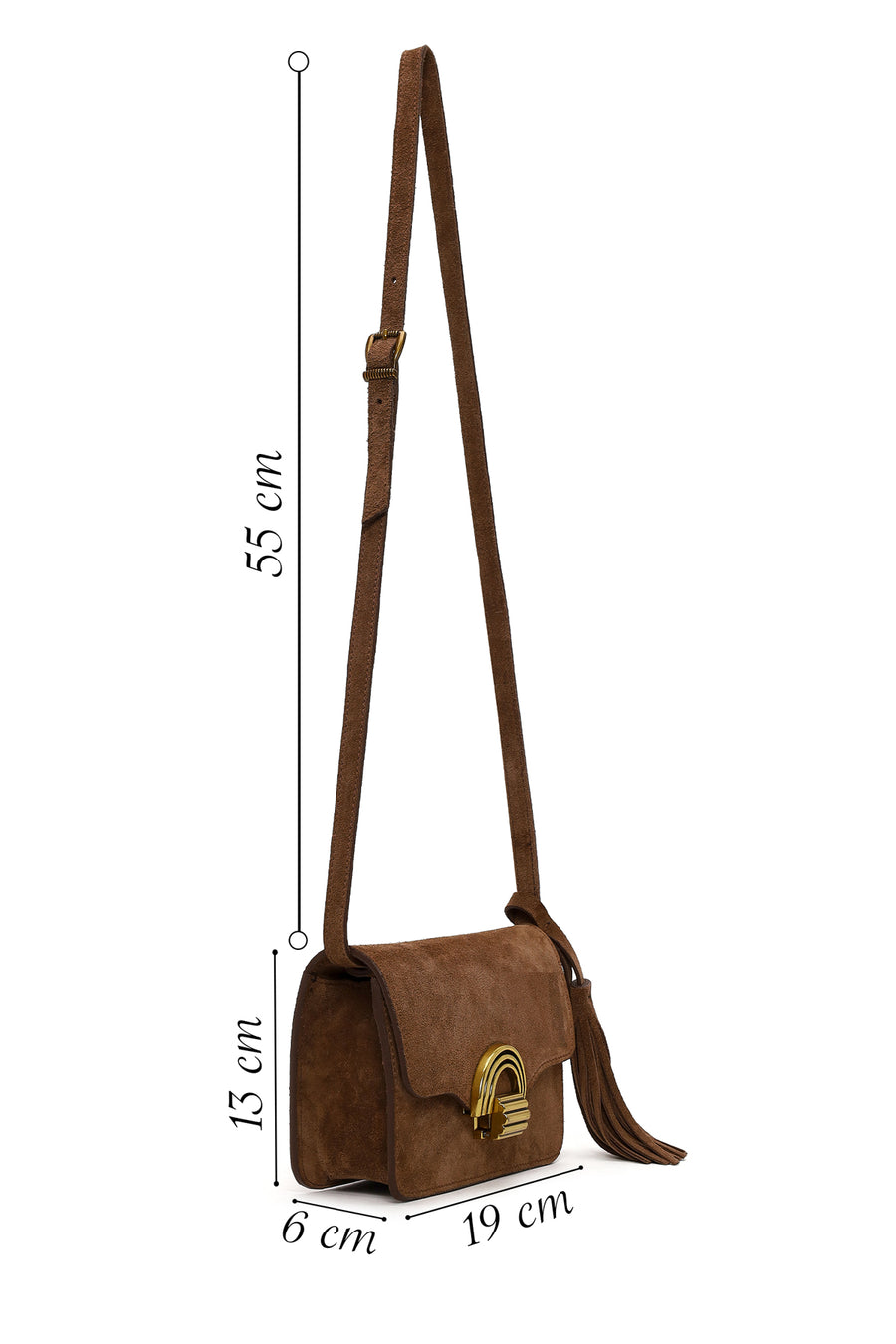 Woman Tan Long-Strap Suede Crossbody Bag
