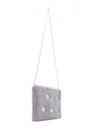 Women's Gray Long Chain Strap Star Pattern Plush Clutch Bag | Derimod