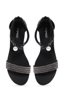 Women's Black Stone Flat Sandals | Derimod