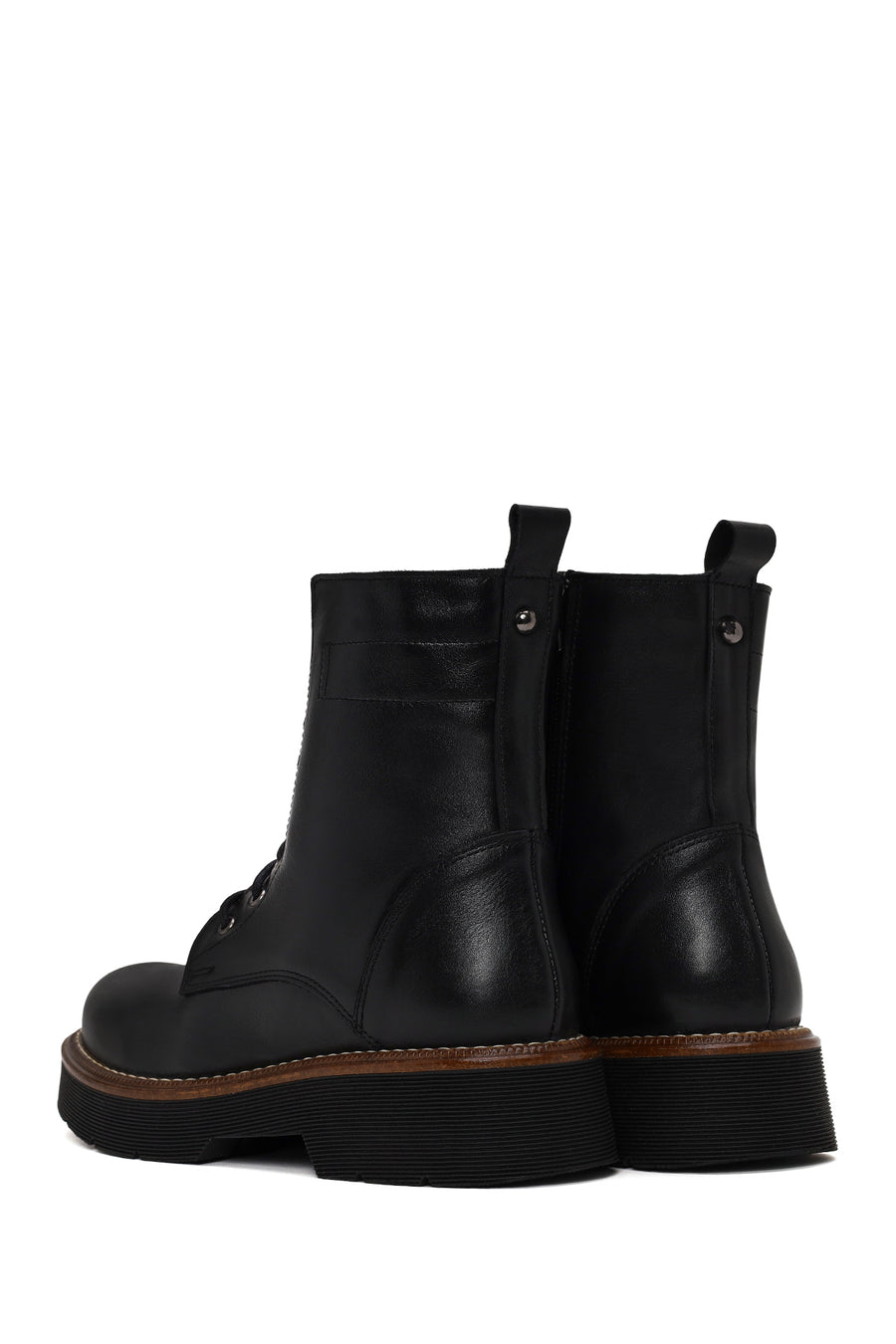 Woman Black Zip Closure Thick-Soled Leather Combat Boots