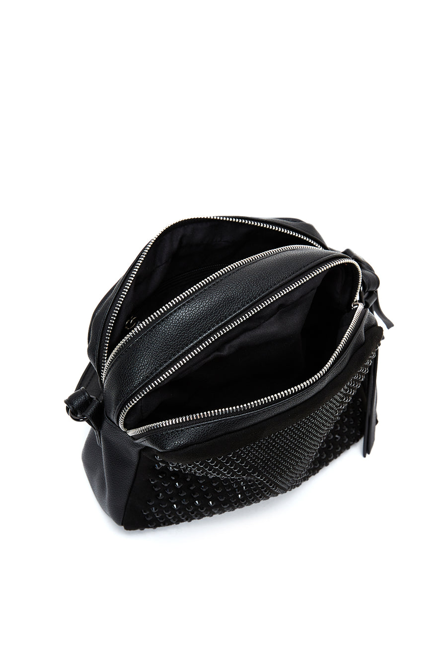 Woman Black Long Strap Stoned Crossbody Bag
