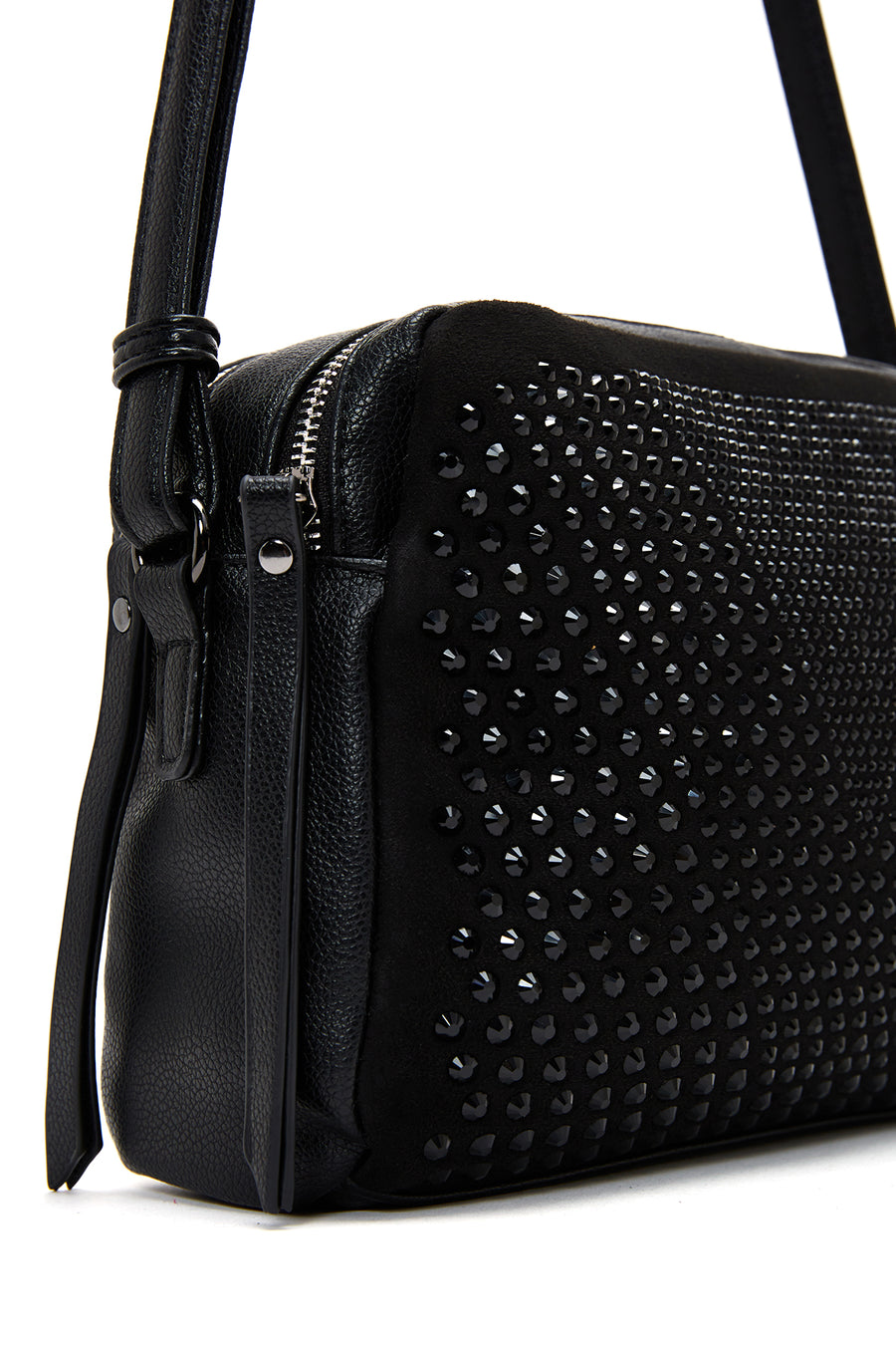 Woman Black Long Strap Stoned Crossbody Bag