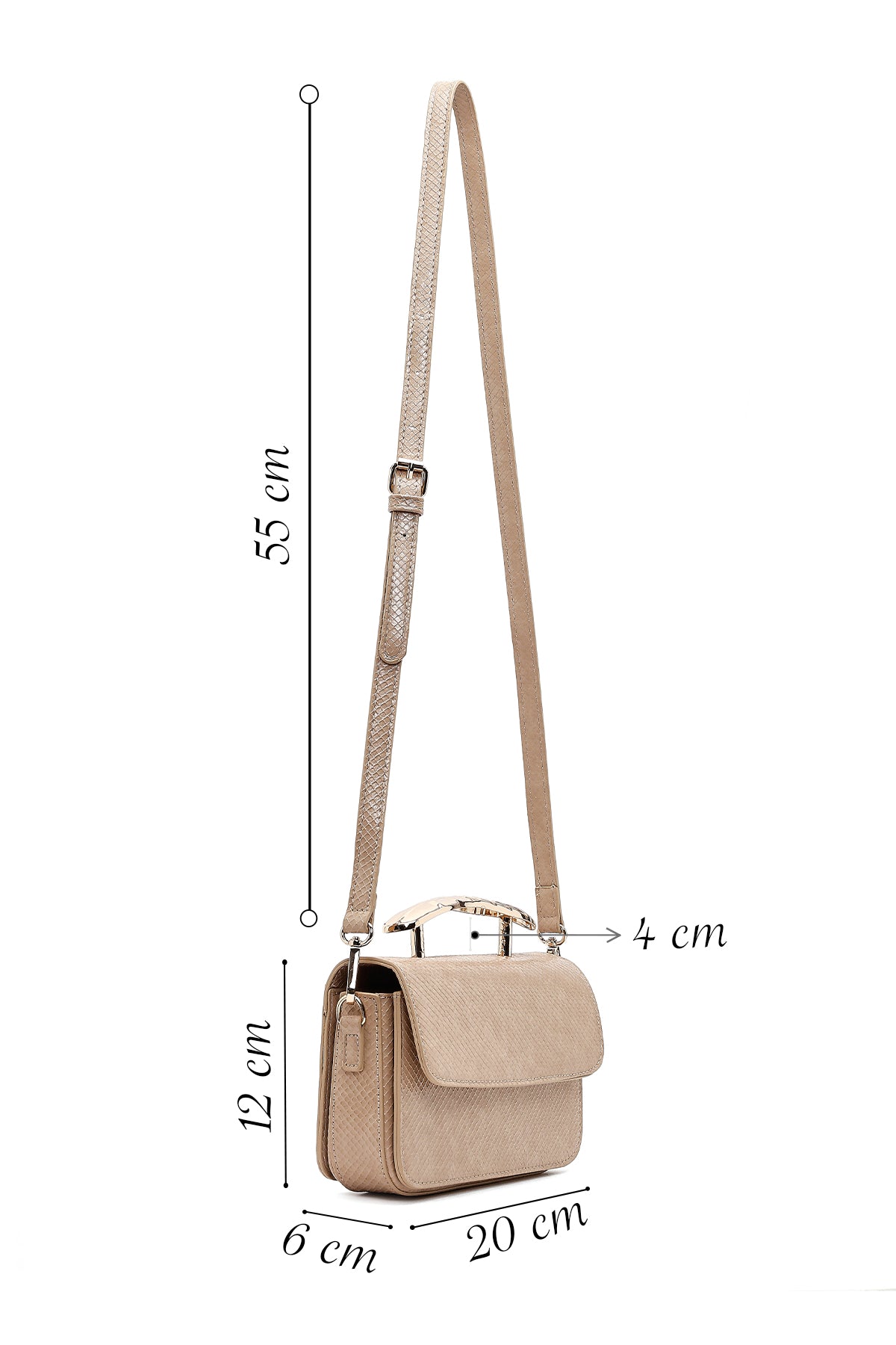 Kadın Bej Uzun Askılı Desenli Mini Kol Çantası