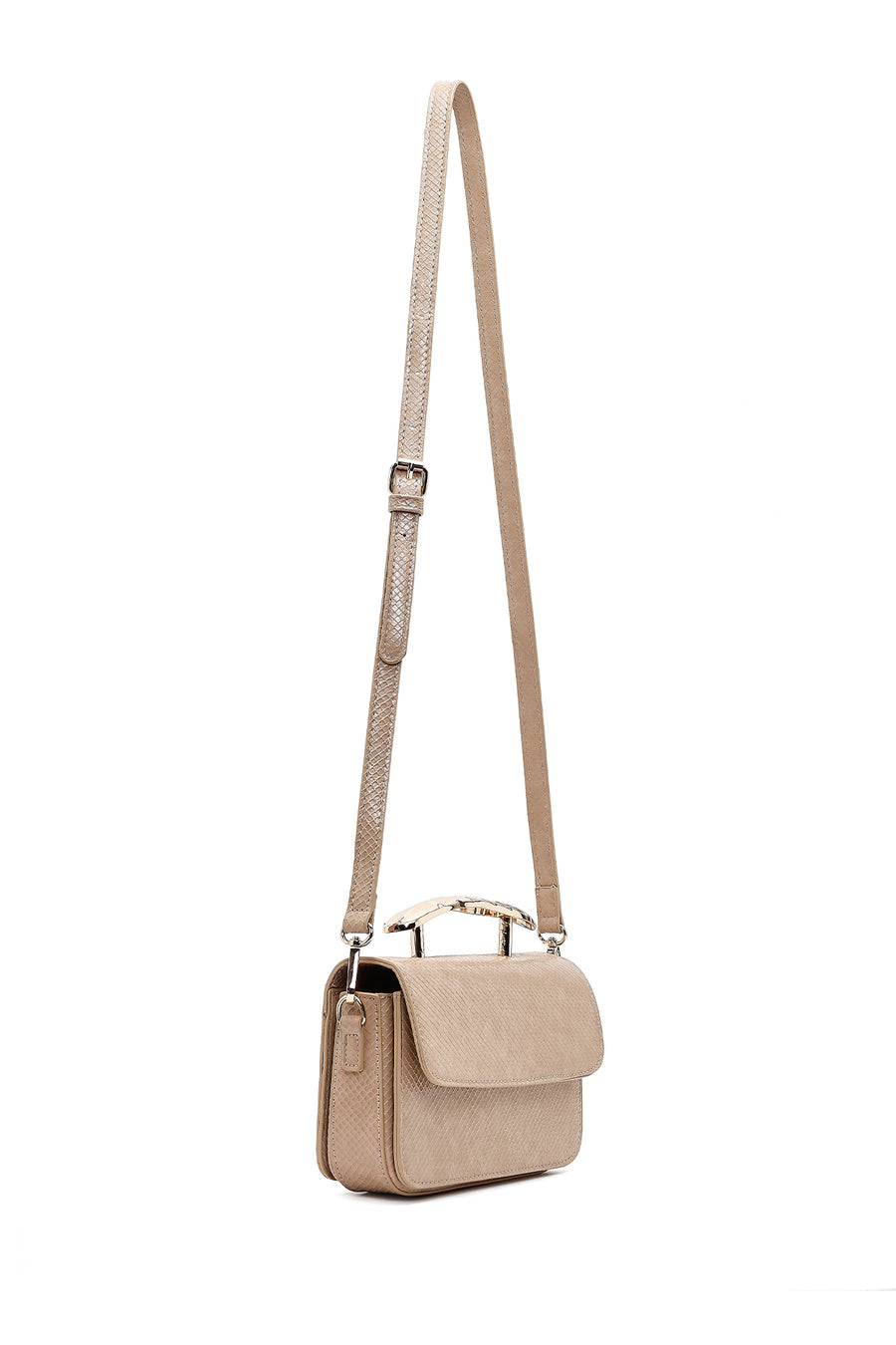 Women's Beige Long Strap Patterned Mini Shoulder Bag