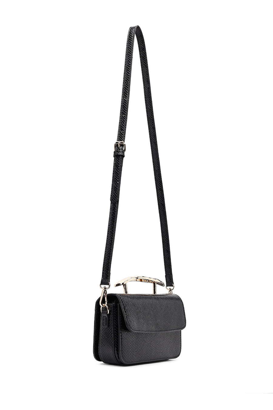 Women's Black Long Strap Patterned Mini Shoulder Bag