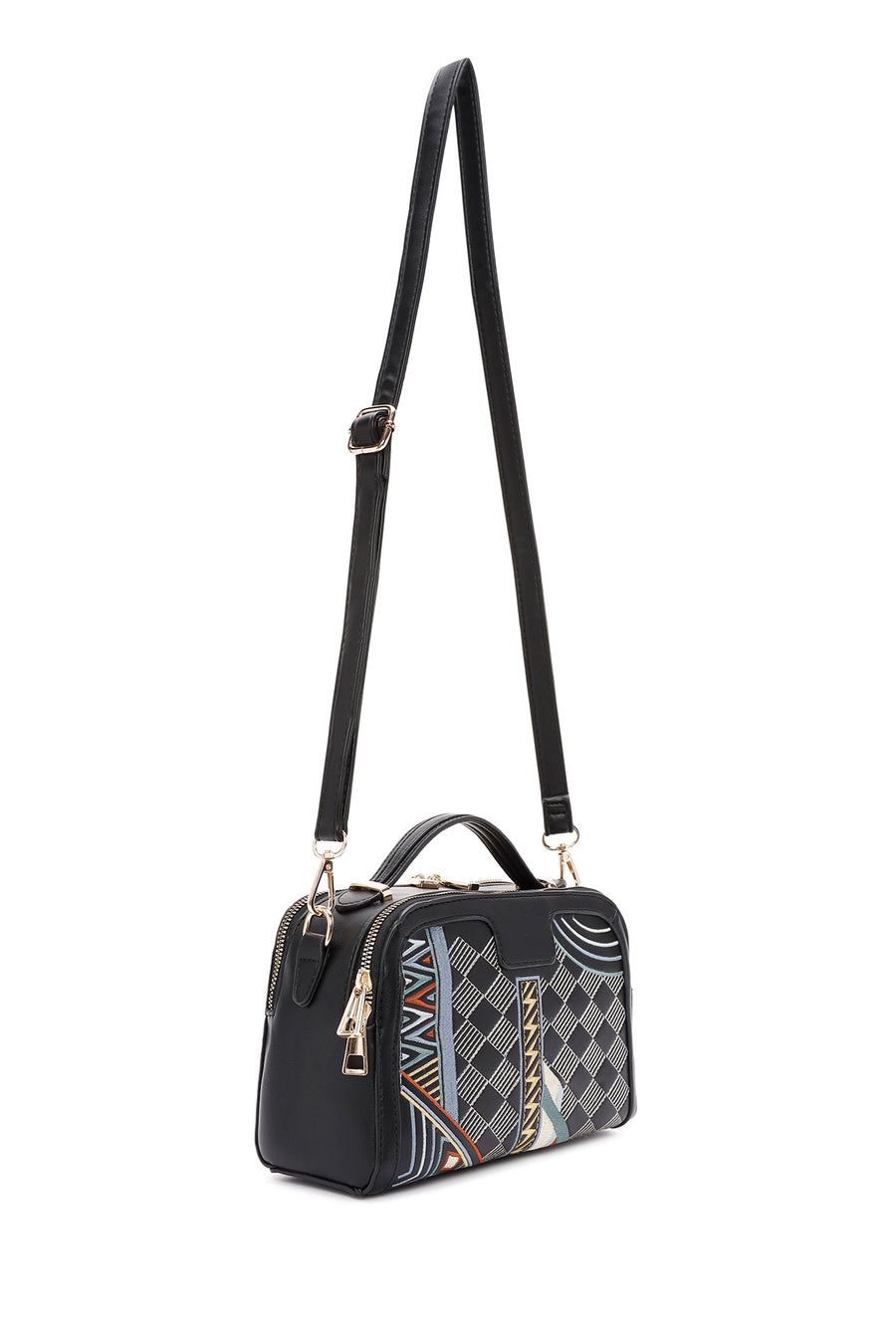 Women's Black Long Strapped Printed Shoulder Bag
